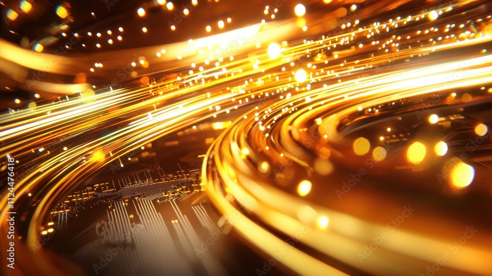 Poster dynamic motion of golden lights and sparks on abstract glittering background