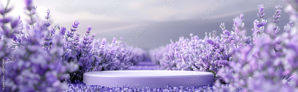 Poster lavender fields forever: a serene and enchanting lavender field scene with a circular platform in th