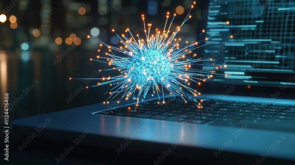 Aufkleber digital representation of virus emerging from laptop in dark setting