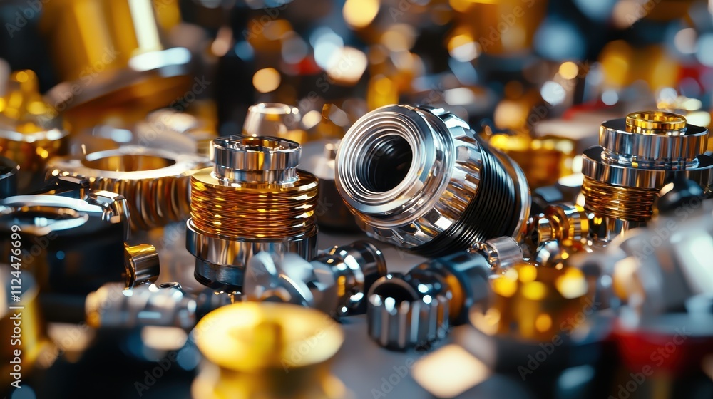 Poster close-up view of assorted metallic hardware and machine components