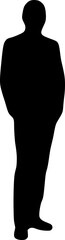 The male figure of a person stands. Black silhouette on a white background. Vector image.