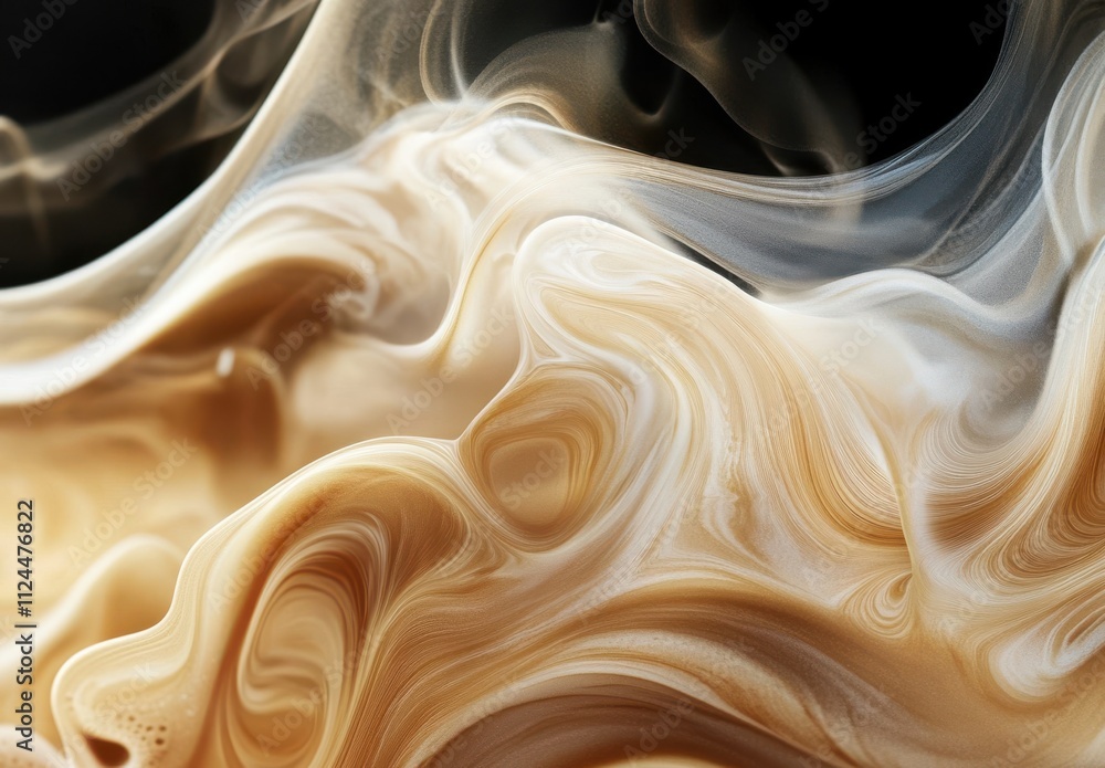 Poster Swirling Creamy Brown Liquid Creating Abstract Patterns Against a Dark Background with Smooth Flowing Textures and Ethereal Softness
