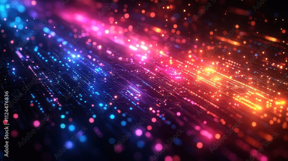Poster vibrant abstract digital background with glowing particles and lines.