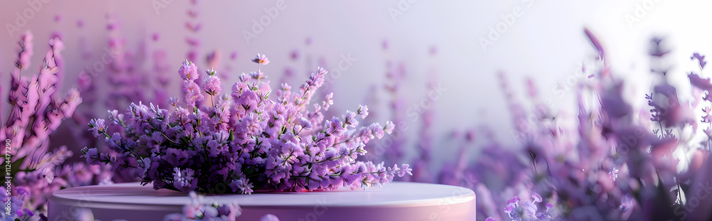 Poster Lavender Dreamscape: A serene and dreamy image of lavender flowers artfully arranged on a minimalist platform, creating a calming and visually appealing scene.  