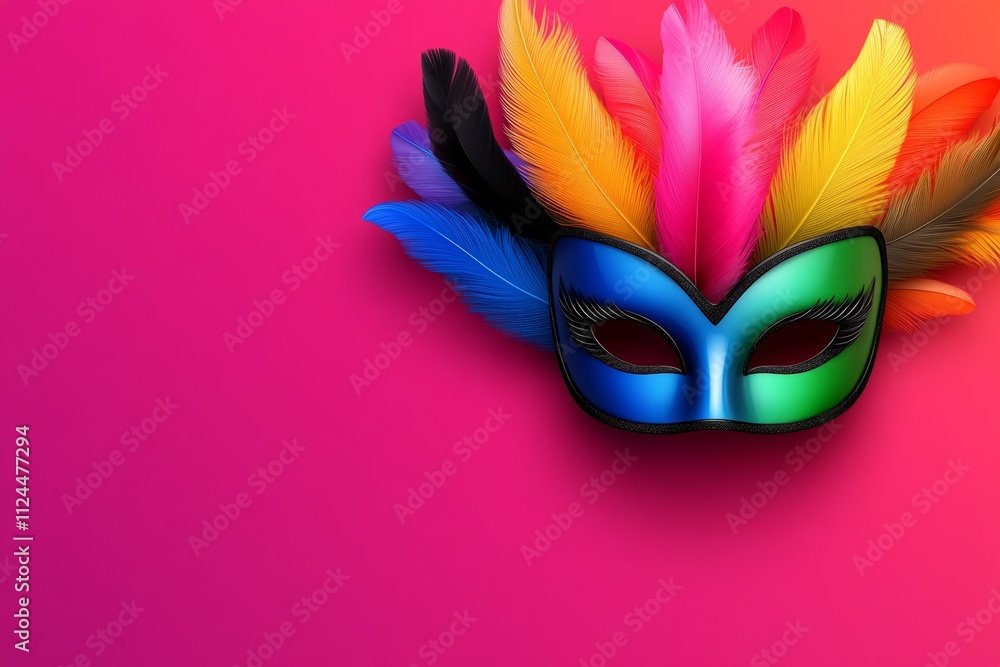 Poster colorful background with a mask and feathers. the mask is blue and the feathers are in various color