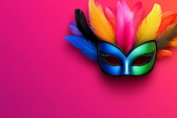 Colorful background with a mask and feathers. The mask is blue and the feathers are in various colors. The background is purple and orange