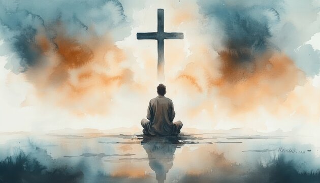 Kneeling Man in Prayer Before the Cross in a Serene Watercolor Setting