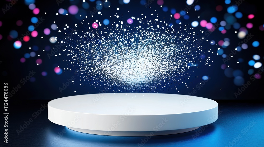 Poster bright glittering particles above round display stand in dark space
