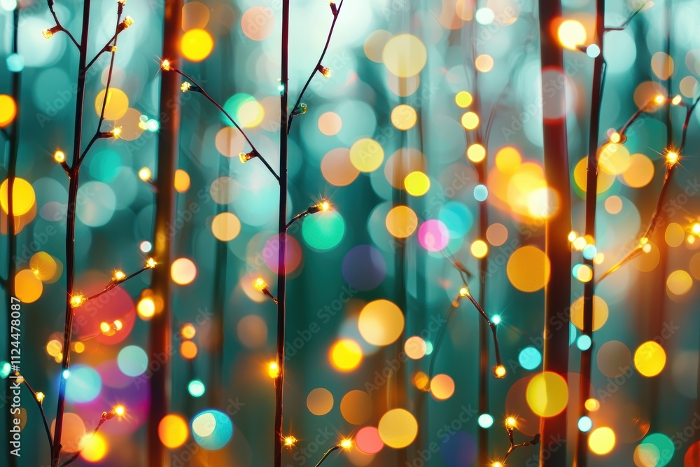 Poster colorful bokeh lights with twinkling branches in background