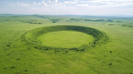 The Eye of the Earth: A mesmerizing aerial view of a massive crater nestled amidst rolling green hills, showcasing nature's awe-inspiring power and the beauty of geological formations. 