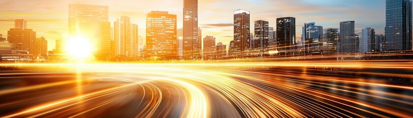 Obraz premium Dynamic Cityscape at Sunset with Blurred Motion of Traffic Lights