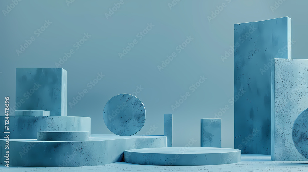Poster serene blue geometry: abstract composition of various sized blue geometric shapes creating a visuall