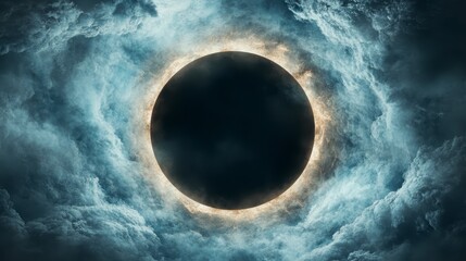 Dramatic Celestial Event Dark Circle in Cloudy Sky Glowing Ring