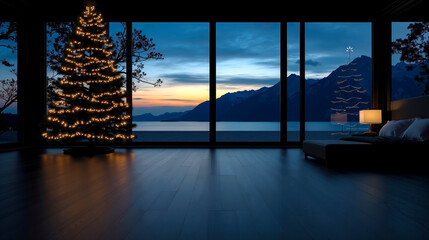 A living room with a christmas tree in front of a large window