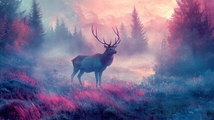 Red stag in the misty countryside. natural forest, natural and mystical aura.