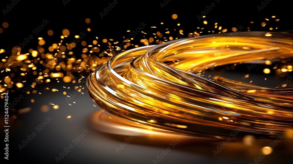 Poster shimmering golden twists with sparkling dust on dark background
