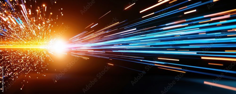 Poster dynamic light burst with colorful rays and sparkles in motion