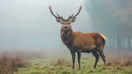 Fototapeta premium Red stag in the misty countryside. natural forest, natural and mystical aura.