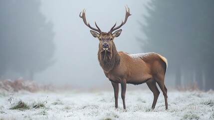 Red stag in the misty countryside. natural forest, natural and mystical aura.