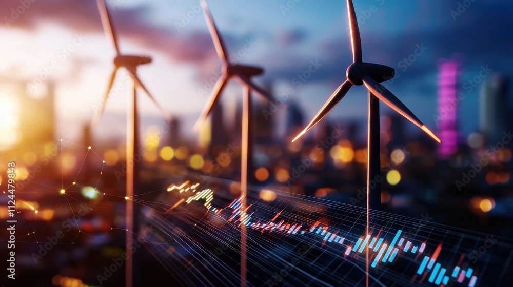 Poster wind turbines with abstract data visualization in urban sunset