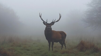 Fototapeta premium Red stag in the misty countryside. natural forest, natural and mystical aura.