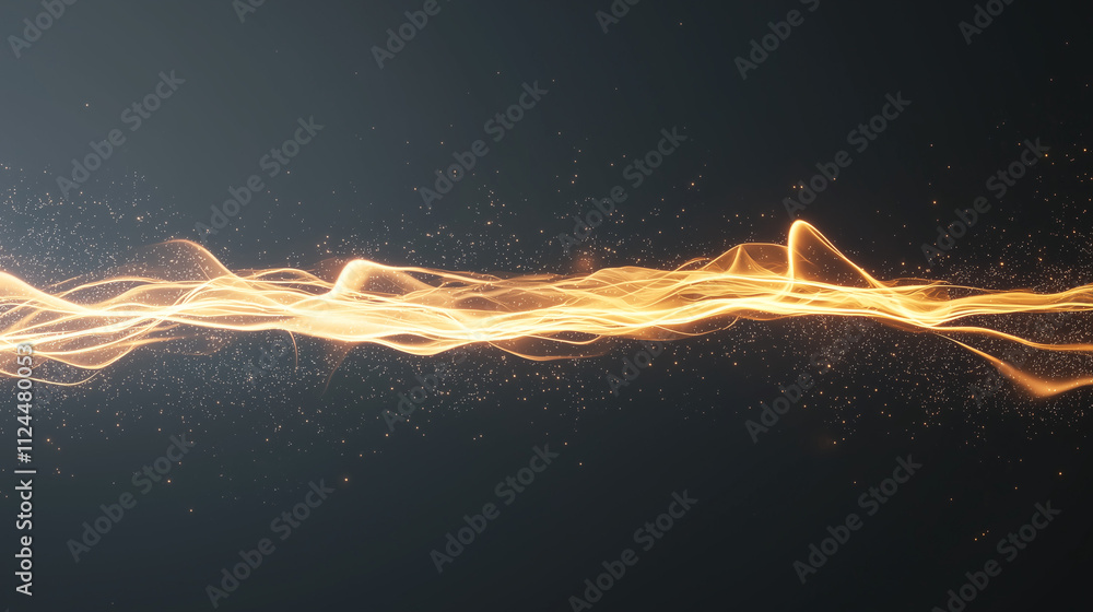 Poster golden energy flow: abstract golden wave of energy particles, glowing and flowing dynamically across