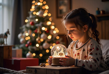 A young girl gazes in wonder at a snow globe. The cozy room is filled with the warmth of Christmas decorations.