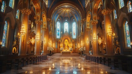 Ornate church interior with stained glass windows, altar, and gleaming floor.