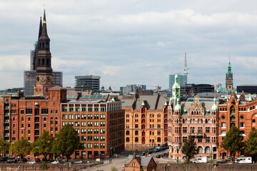 Fototapeta premium High angle view of buildings at Speicherstadt and Neustadt quarter of Hamburg