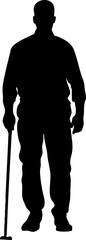 A silhouette of a man walking with a cane, representing mobility support and active lifestyle for the elderly.