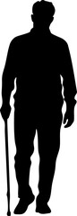A silhouette of a man walking with a cane, representing mobility and support for elderly individuals.