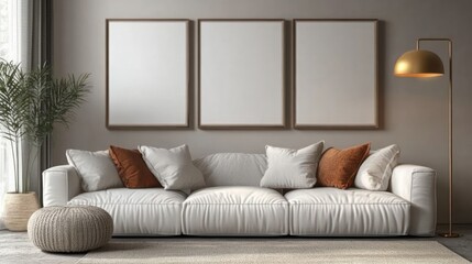 Modern Scandinavian Style Interior with White Sofa and Decorative Cushions in Bright Room
