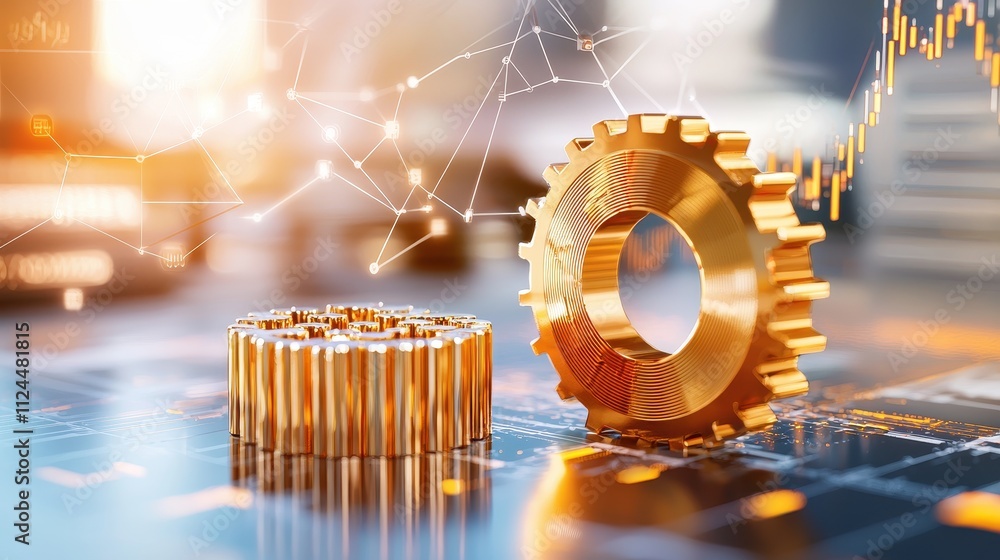 Poster golden gears on digital background with graph elements and light