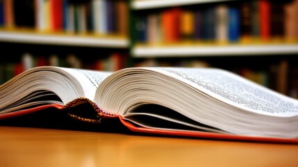 Fototapeta premium Open Book on Wooden Desk with Bookshelves in Background