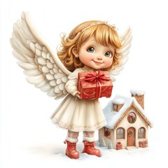 Fototapeta premium Beautiful Angel Girl with Wings Holding a Christmas Present in Front of a Cozy Holiday Home