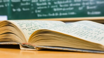 Fototapeta premium Academic Knowledge: Open Textbook with Chalkboard in Background