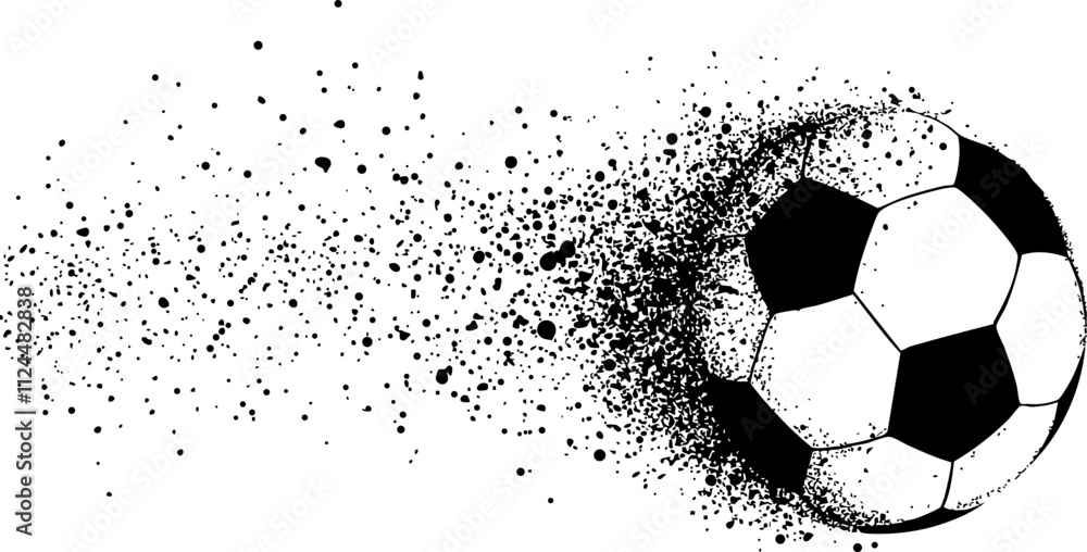 Poster a dynamic illustration of a soccer ball in motion, creating a splash effect with black dots, ideal f
