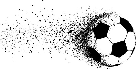 A dynamic illustration of a soccer ball in motion, creating a splash effect with black dots, ideal for sports-themed designs.