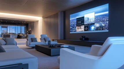 Home theater room surveillance, with a discreet camera glowing faintly