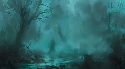 Obraz premium Enigmatic Presence in the Mist: A solitary figure shrouded in darkness stands amidst the dense, ethereal mist of a haunting forest, their presence both mysterious and alluring. 