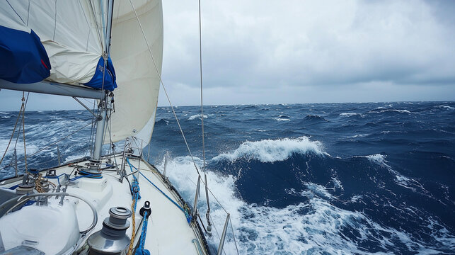 Sailing Through the Storm: A sailboat cuts through towering waves in a dramatic seascape, showcasing the raw power of nature and the resilience of those who navigate it.