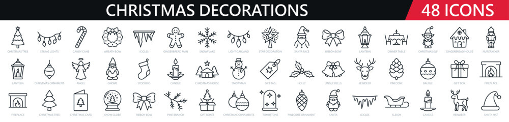 48 Christmas decorations line icons set. Tree, lights, ornaments, snowman, gifts, holly - stock vector