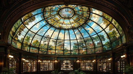 Obraz premium Ornate stained-glass dome ceiling in a library, showcasing vibrant colors and intricate designs, illuminating the space below with natural light.