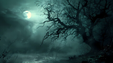 Naklejka premium Eerie Moonlight: A hauntingly beautiful image of a gnarled tree silhouetted against a full moon, bathed in an ethereal, moonlit glow. The misty.