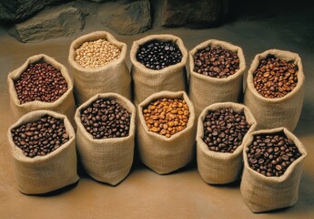 Variety of Coffee Beans in Natural Jute Sacks Displayed on Rustic Background, Showcasing Rich Colors and Textures for Gourmet Coffee Lovers and Culinary Enthusiasts