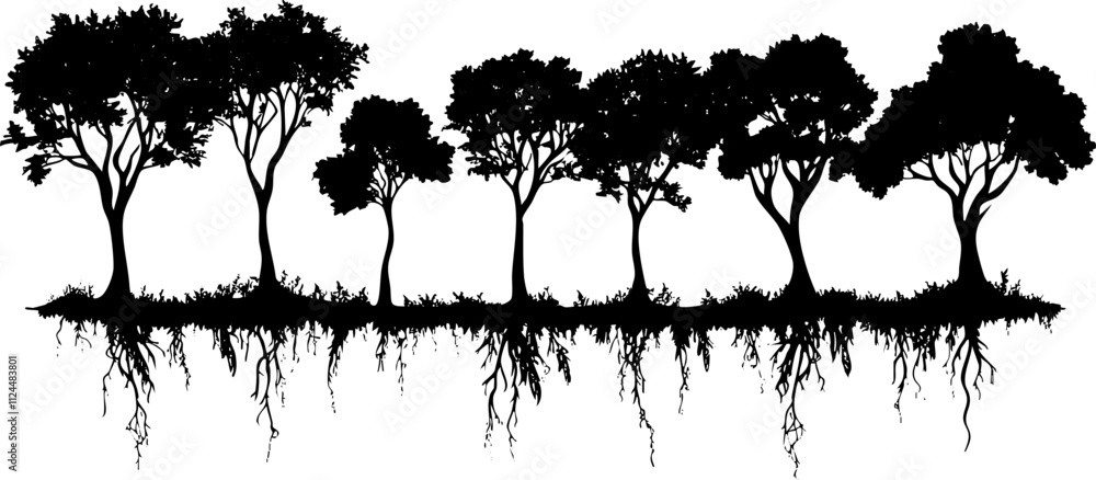 Poster a stylized silhouette of trees with visible roots, representing nature and environmental themes in a