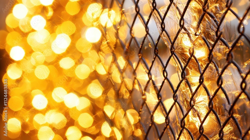 Aufkleber glimmering lights behind fence with bokeh effect and metal mesh
