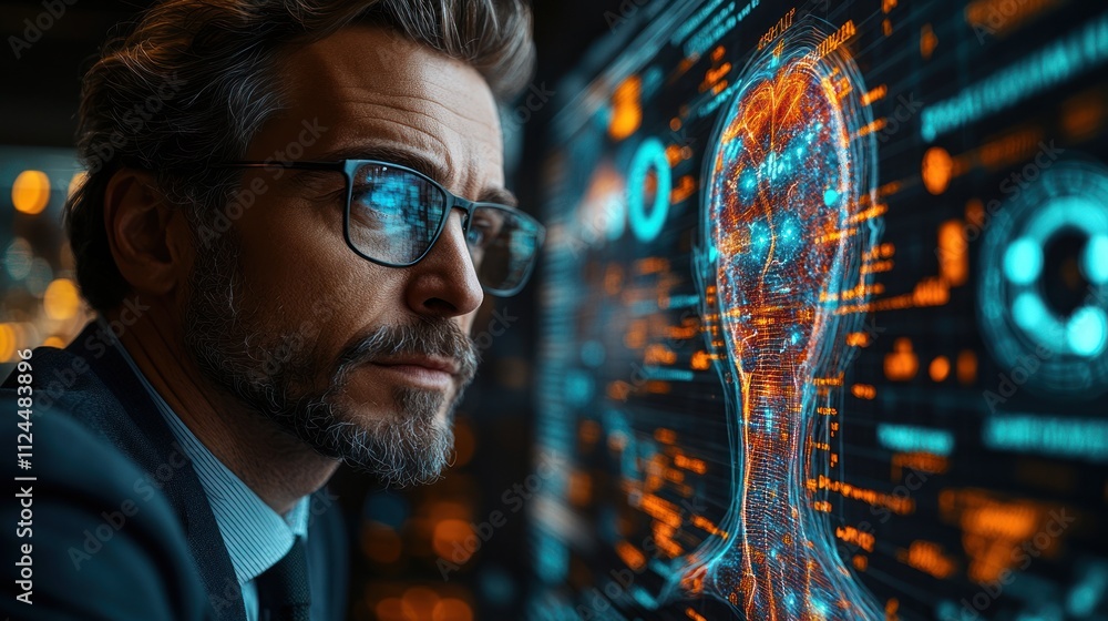 Poster man analyzing digital data of a human figure on a screen.