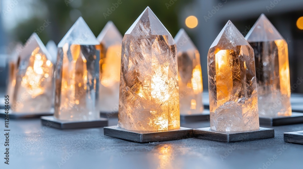 Aufkleber illuminated quartz crystals on display with soft bokeh background