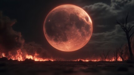 Fototapeta premium Apocalyptic Blood Moon Landscape Fire Night Disaster